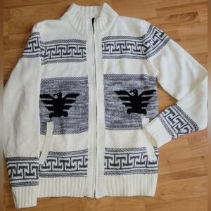Aztec Eagle Cowichan Sweater Native Thunderbird Cardigan Knit Slim Chunky, Large